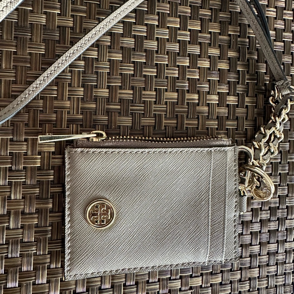 Tory Burch lanyard/id holder in grey saffiano with gold hardware